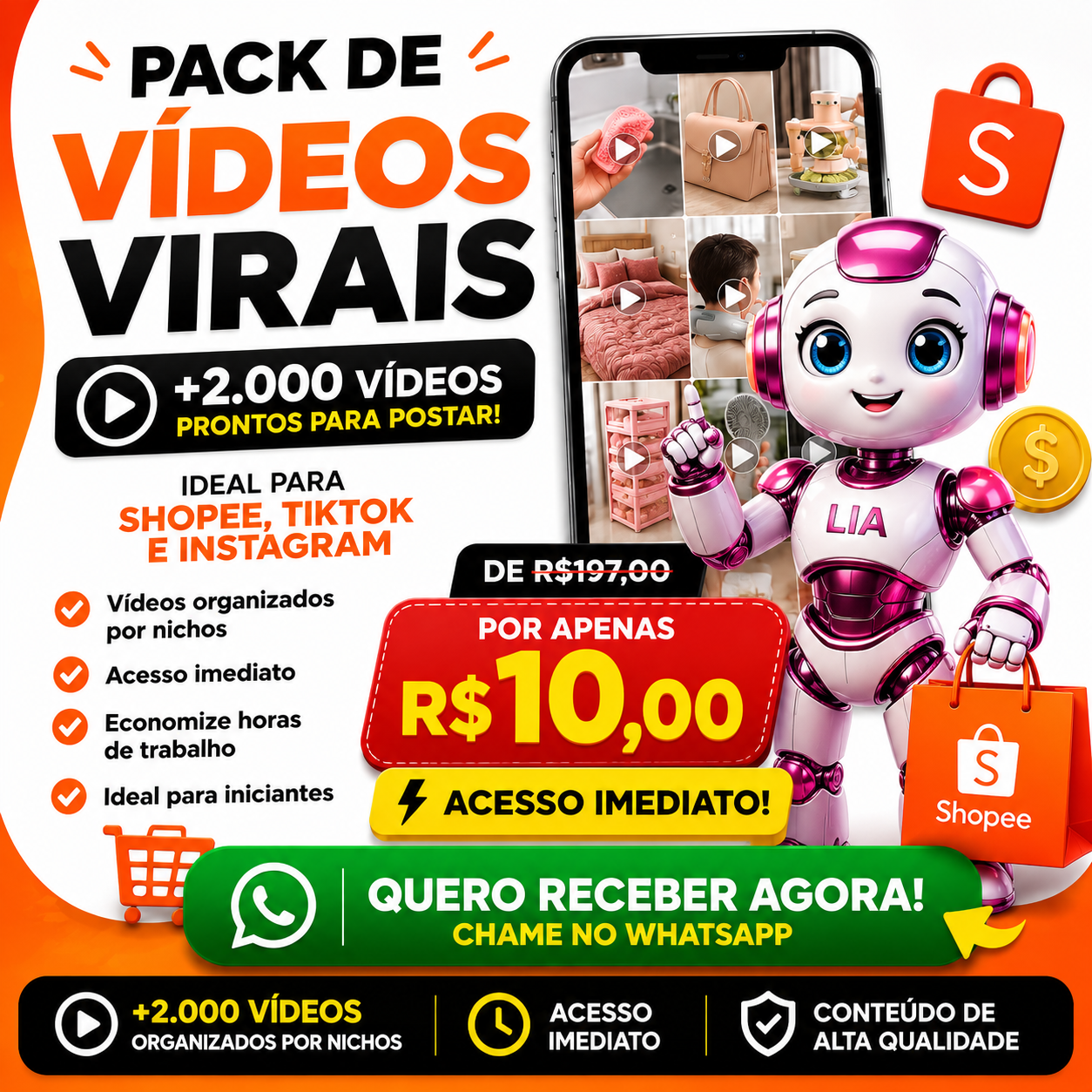 Pack de vídeos virais com mais de 2.000 vídeos prontos para Shopee, TikTok e Instagram