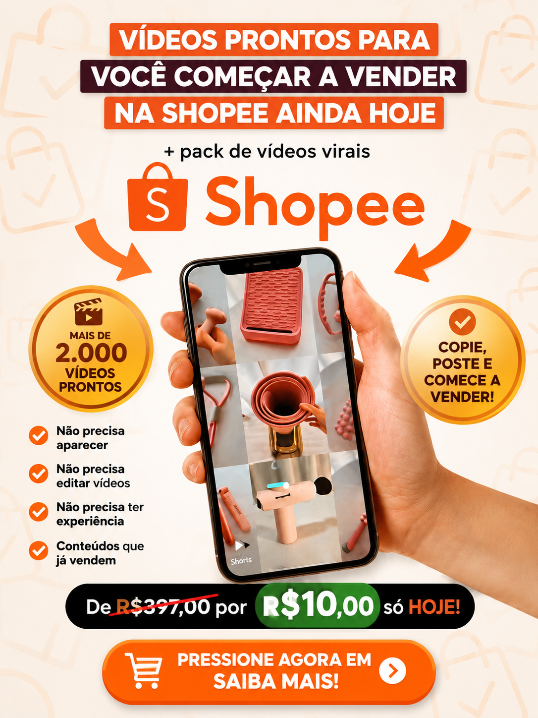 Vídeos prontos para vender na Shopee — pack de vídeos virais por R$ 10,00
